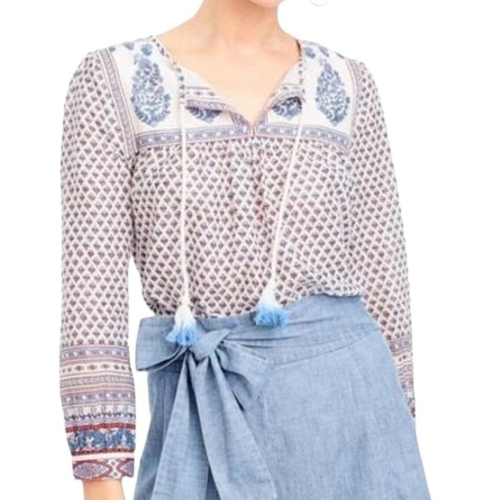 Point Sur Floral Paisley Cotton Peasant Top In Bright Periwinkle